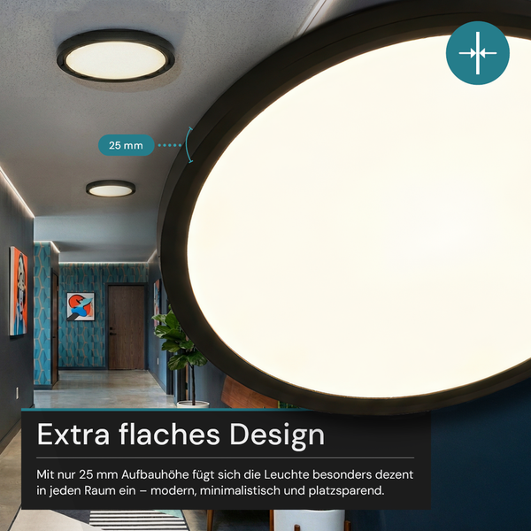 Extra flache, runde LED Deckenleuchte mit 25 Millimeter Aufbauhöhe in einem modern eingerichteten Flur an der Decke montiert.