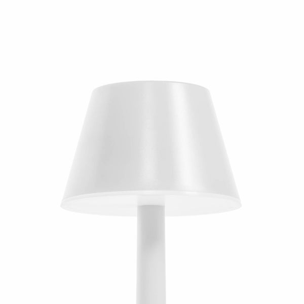 Weiße Tischleuchte mit konischem Schirm und zylindrischem Hals, moderne LED-Lampe aus Kunststoff.