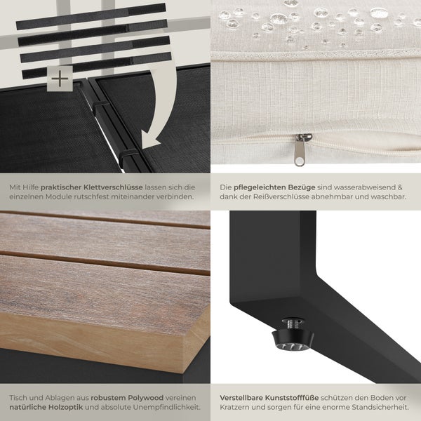 Detailansicht der Verbindungselemente und Materialien eines Outdoor-Möbelstücks: Klettverschlüsse, wasserabweisende Bezüge mit Reißverschluss, Polywood-Tischplatte in Holzoptik und verstellbare Kunststofffüße