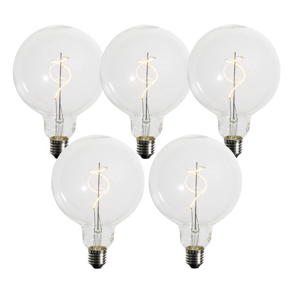Fünferpack LED-Globelampen aus Klarglas mit E27-Fassung und gedrehtem Filament.