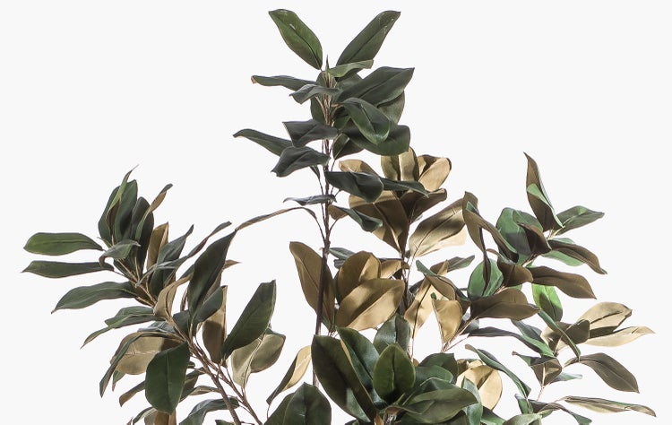 Detail eines künstlichen Pflanzenstamms in einem schwarzen Kunststofftopf.