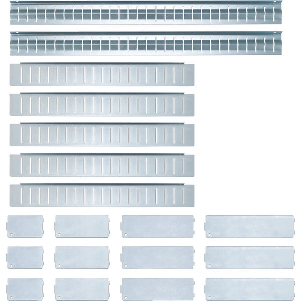 Set aus Metallschienen und Trennblechen zur Organisation von Lagersystemen.