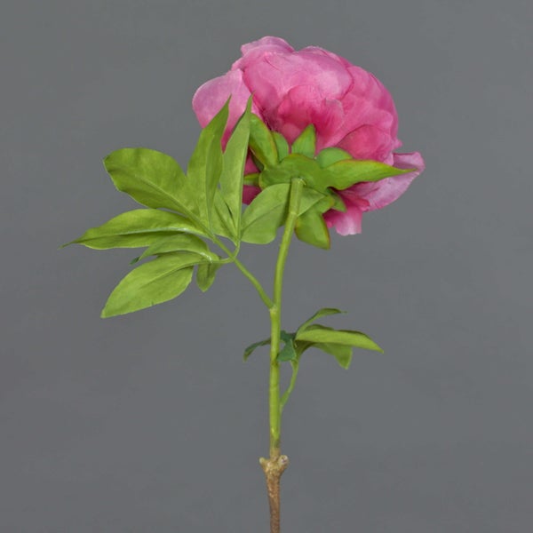 Künstliche Pfingstrose mit rosa Blüte, grünem Stiel und Blättern.
