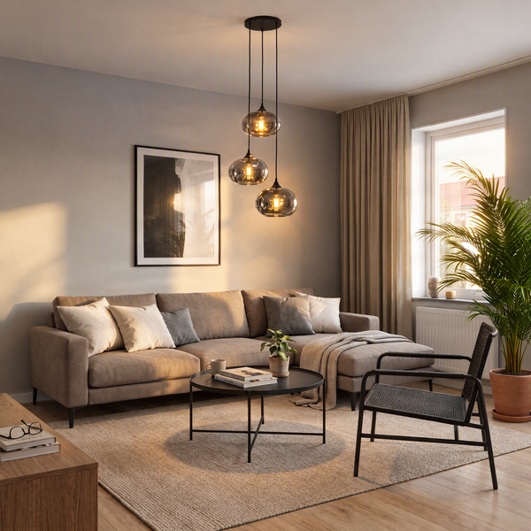 Modernes Wohnzimmer mit grauer Couch, runden Beistelltisch, Sessel und hängender Glasleuchte mit drei Pendeln in warmem Licht.