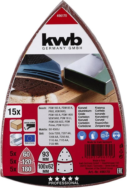kwb Schleif-Dreieck für Delta- u. Multi-Schleifer - für Metall, Holz, Lack u. v. m, für Bosch-PSM , 100 x 62 93 mm Korn K-60, K-120, K180, je 4 Stk., Sparpack (12 Stk.)