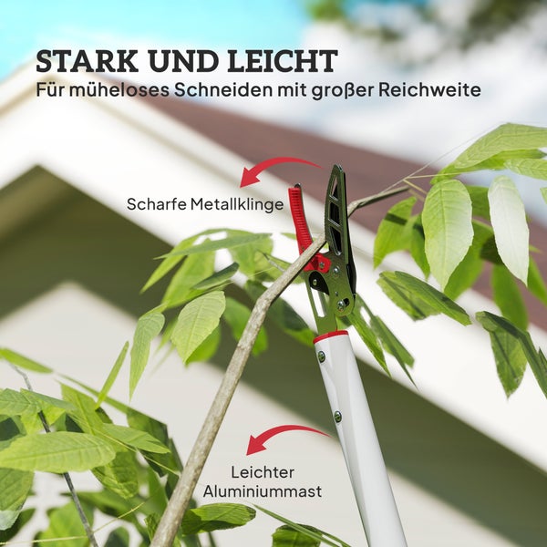 Astschere mit scharfer Metallklinge und leichtem Aluminiummast beim Schneiden eines Astes