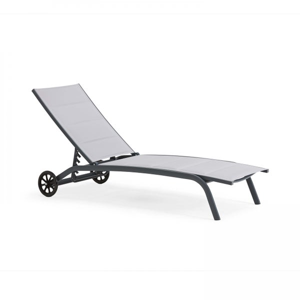 Gartenliege mit Rädern, verstellbare Rückenlehne, Aluminiumrahmen, Textilbespannung.