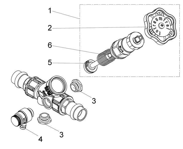 Technische Zeichnung eines Ventils mit nummerierten Einzelteilen wie Griff, Gehäuse und Dichtungen für Wasserinstallationen.
