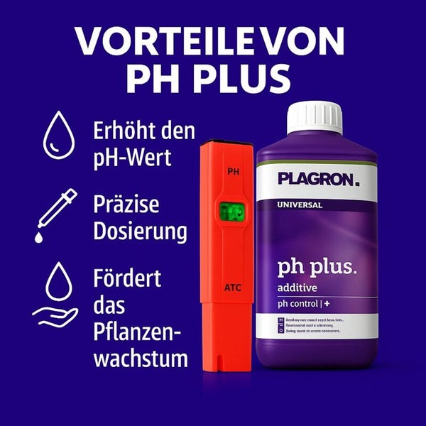Vorteile von PH Plus mit pH-Wert Messgerät und Plagron Flasche