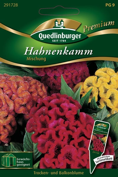 Samentüte Hahnenkamm Mischung, Quedlinburger Logo, geeignet für Gewächshäuser, Balkone und als Trockenblume, inklusive praktischem Sortenetikett.
