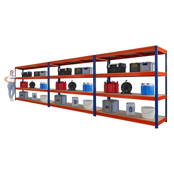 Regalsystem mit mehreren Ebenen und verschiedenen Behältern zur Lagerung.