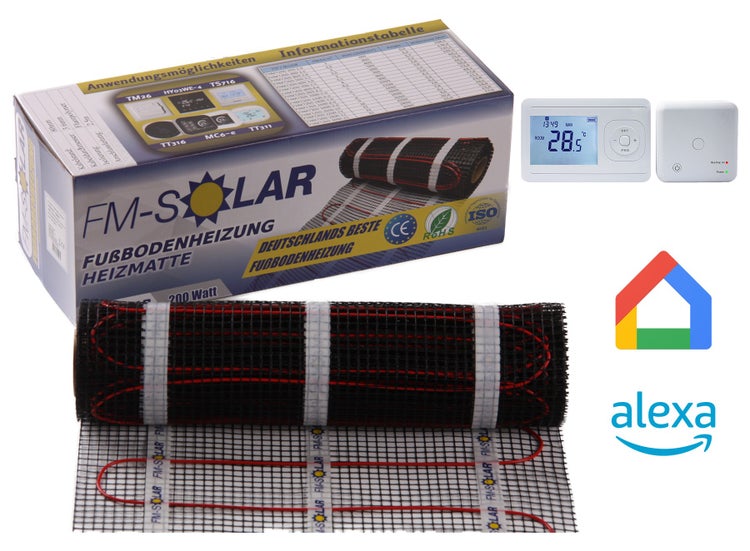 FM Solar elektrische Fußbodenheizung Heizmatte Set mit Thermostat und Unterstützung für Google Home und Amazon Alexa.