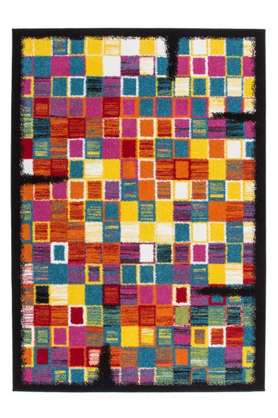 Moderner, bunter Teppich mit geometrischem Karomuster aus bunten Rechtecken und schwarzen Akzenten.