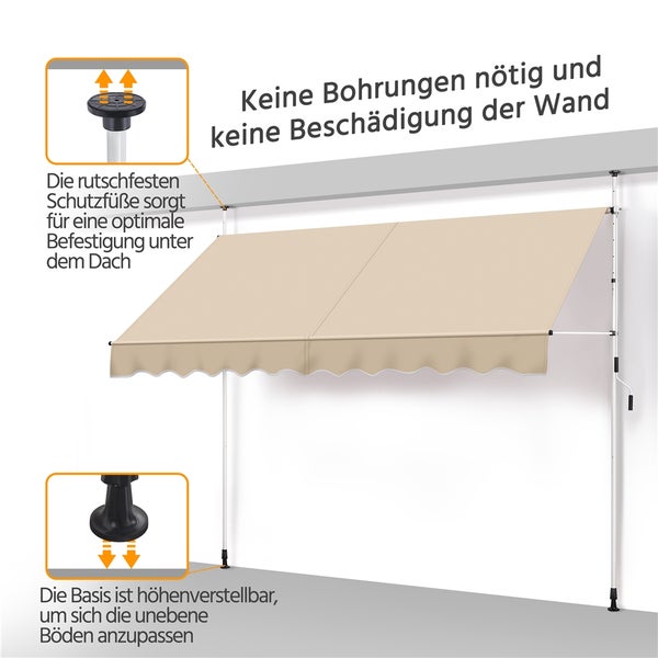 Freistehende Markise mit höhenverstellbaren Füßen zur Montage ohne Bohren.