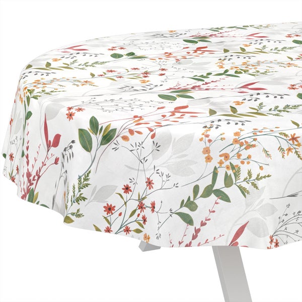 Runde Tischdecke mit floralem Muster aus Blättern und Blüten.