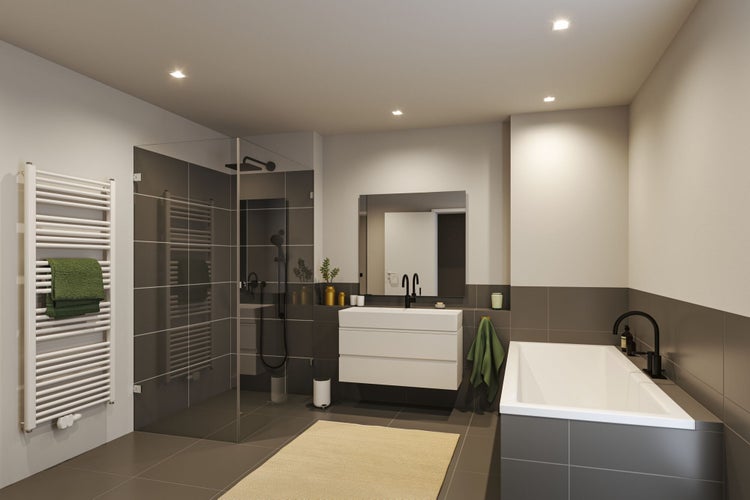Modernes Badezimmer mit begehbarer Dusche, weißem Waschtisch, Badewanne und Handtuchheizkörper in Grau und Weiß.