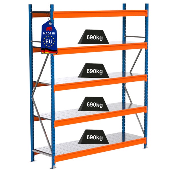 Regal mit vier Ebenen und einer Traglast von 690 Kilogramm pro Ebene; Hergestellt in der Europäischen Union