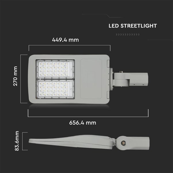 LED-Straßenleuchte mit Maßen: 656,4 Millimeter Gesamtlänge, 449,4 Millimeter Gehäuselänge, 270 Millimeter Breite und 83,6 Millimeter Höhe.