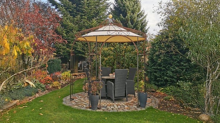 Pavillon ELEO Milano Ø 2,9 m unbeschichtet - Edelrost | mit Dekorkugel und Sonnensegel ecru