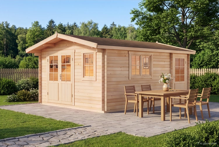 Großes Gartenhaus aus Massivholz mit Doppeltür und Fenstern auf einer Terrasse mit Sitzgruppe im Garten.
