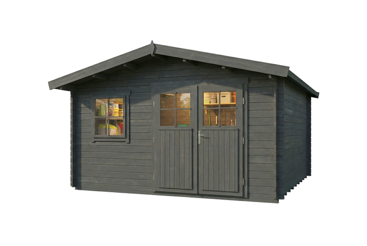 Graues Gartenhaus aus Holz mit Satteldach, einer Doppeltür mit Lichtausschnitten und einem separaten Seitenfenster.