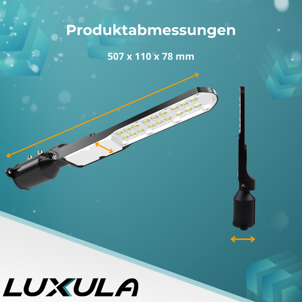 Produktabbildung einer LED-Straßenlaterne mit den Maßen 507 x 110 x 78 mm.