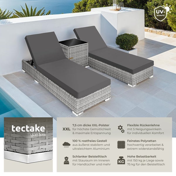 2er Set Rattan Sonnenliegen tectake  wetterfest und UV-beständig mit Aluminiumgestell hellgrau
