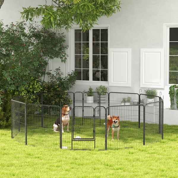 PawHut Welpenauslauf 80 cm Hoch, 12-TLG Welpenlaufstall mit 2 Tür, DIY Hundelaufstall Freilaufgehege für mittelgroße Hunde, Kaninchen, Meerschweinchen, Stahl, Grau