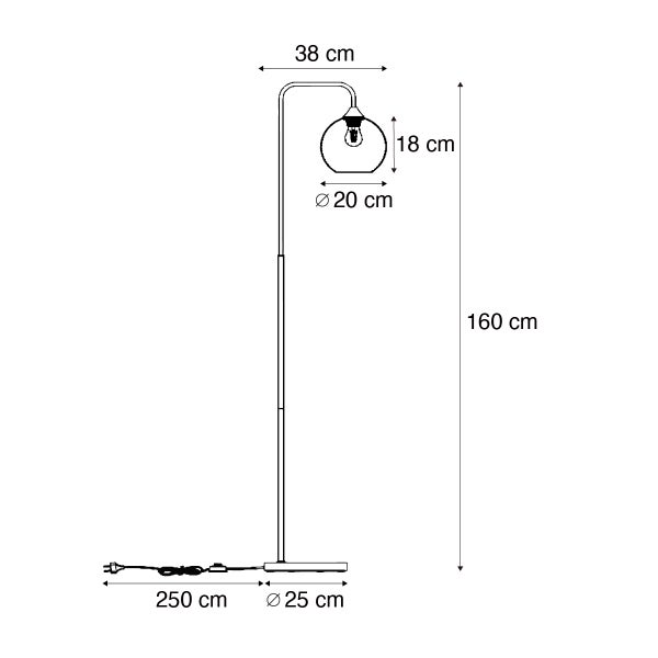 Maßzeichnung einer Stehleuchte: Gesamthöhe 160 Zentimeter, Breite 38 Zentimeter, Schirmdurchmesser 20 Zentimeter und Fußdurchmesser 25 Zentimeter.