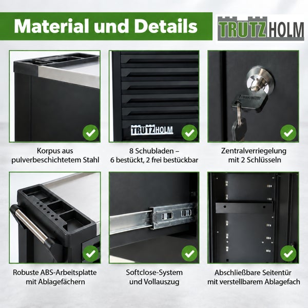 Details zum Werkstattwagen von Trutzholm mit acht Schubladen, pulverbeschichtetem Stahl, Ablagefächern, Zentralverriegelung und Seitentür.