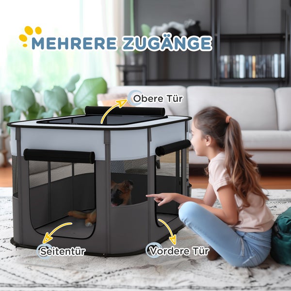 PawHut Welpenauslauf, Welpenlaufstall mit Türen, Fenster, faltbar Laufgitter, Atmungsaktiv Netz, für kleine Hunde unter 10 kg und Kleintiere, Indoor und Outdoor, 94 x 74 x 60 cm, Grau