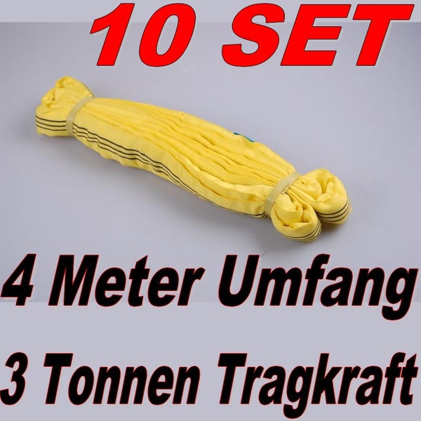 Set aus 10 Rundschlingen mit 4 Meter Umfang und 3 Tonnen Tragkraft für Hebeaufgaben
