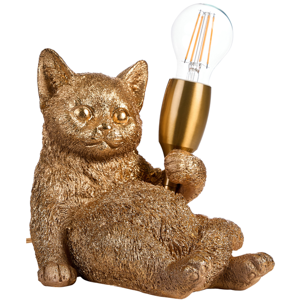 Goldfarbene Tischleuchte in Form einer sitzenden Katze, die eine Lampenfassung mit einem LED-Leuchtmittel hält.