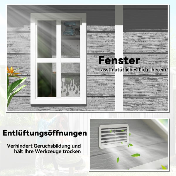Gartenhaus aus Harz mit Aluminiumverstärkung im Garten. Wasserdicht, UV-beständig und rostfrei. Frau und Kind vor dem geöffneten Schuppen.
