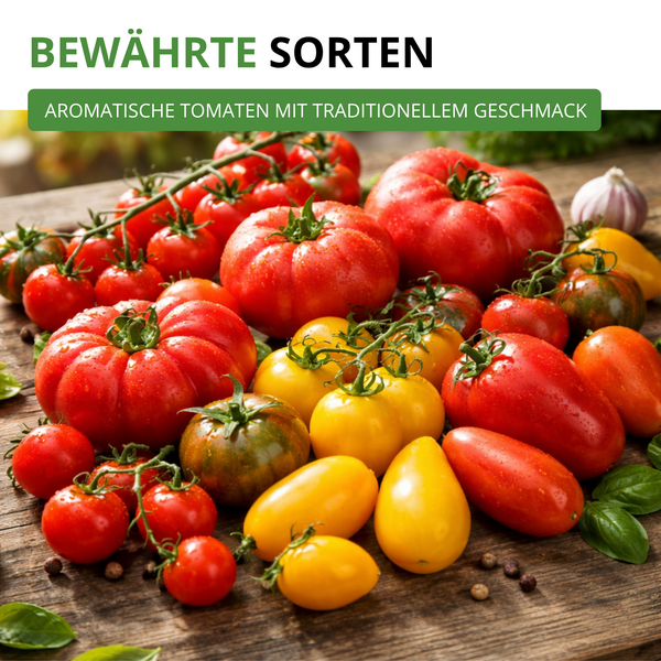 Bewährte Tomatensorten mit traditionellem Geschmack, darunter Fleischtomaten, Kirschtomaten und Eiertomaten auf einem Holztisch.