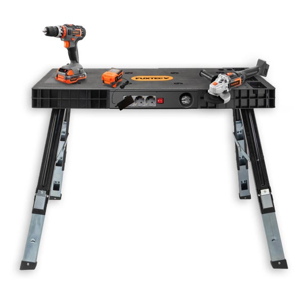 Werkbank mit Bohrmaschine, Ladegerät und Winkelschleifer