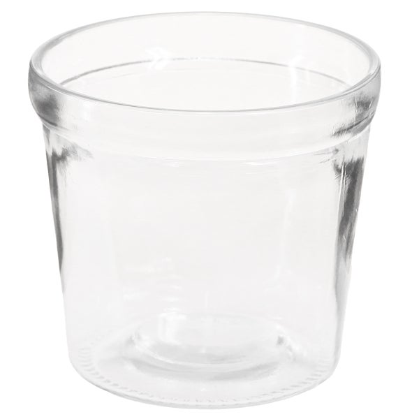 Transparenter Orchideentopf aus Glas mit rundem Rand.