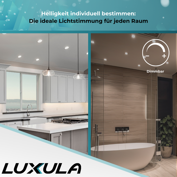 Zwei Raumansichten: Küche und Badezimmer mit eingebauten, dimmbaren LUXULA Leuchten.