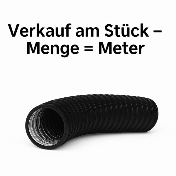 Schwarzer flexibler Wellschlauch aus Kunststoff. Verkauf am Stück, die Menge entspricht der Länge in Metern.