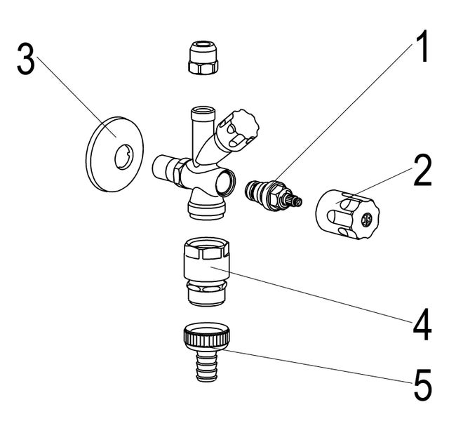 Explosionszeichnung eines Kombi-Eckventils mit nummerierten Einzelteilen wie Ventiloberteil, Griff, Wandrosette und Schlauchanschluss.