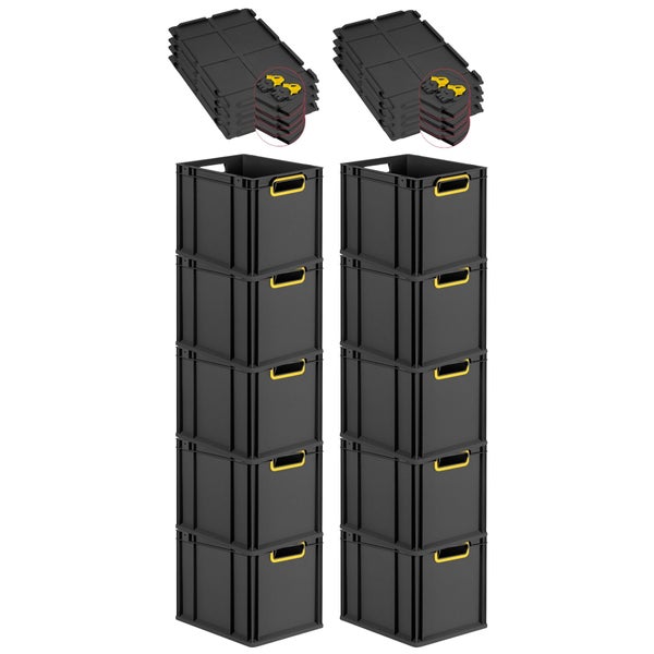 PROREGAL SuperSparSet 10x Eurobox NextGen Color mit Scharnierdeckel und Schiebeschnappverschlüssen, HxBxT 32x30x40cm, 30 Liter, Schwarz, Griffe gelb offen, Eurobehälter, Transportbox, Transportbehälter, Stapelbehälter