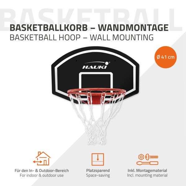 Hauki Basketballkorb-Set mit Ring Ø 41 cm und Netz, 71 x 45 cm, Schwarz, Basketball-Backboard für Wandmontage, wetterfest, In/Outdoor, Hängender Basketballbrett Basketballring, für Erwachsene & Kinder