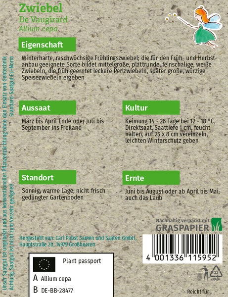 Rückseite der Samentüte Zwiebel De Vaugirard mit Anbauinformationen zu Aussaat, Standort und Ernte auf nachhaltigem Graspapier.