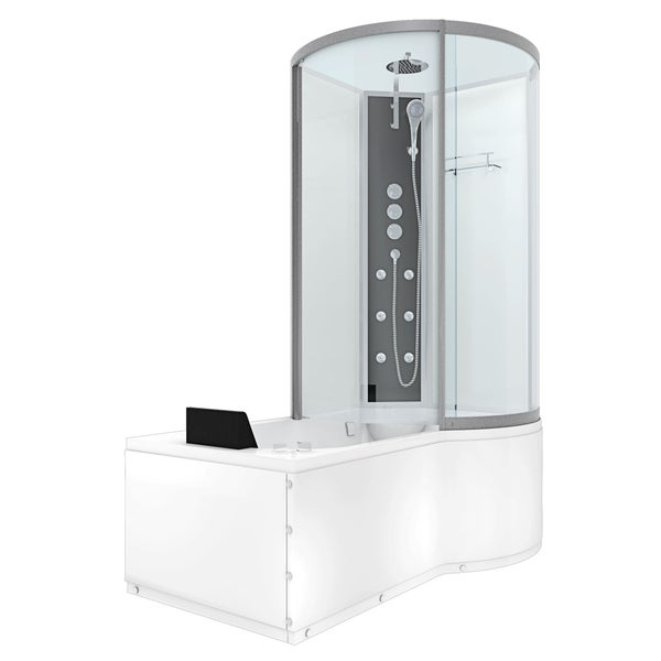 Dusch-Badewannen-Kombination mit Duschkabine aus Glas, Duschpaneel mit Massagedüsen, Kopfbrause, Handbrause und integrierter Nackenstütze.