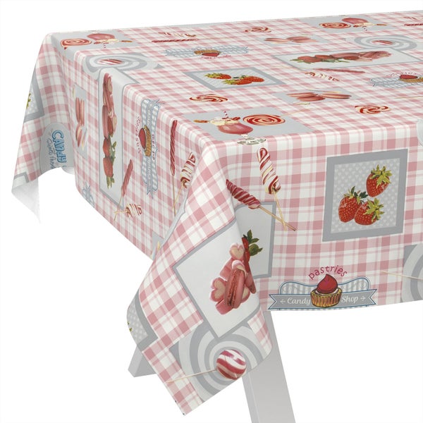 Wachstuch Tischdecke mit rosa und weißem Karomuster, dekoriert mit Motiven von Erdbeeren, Lollipops und Gebäck.