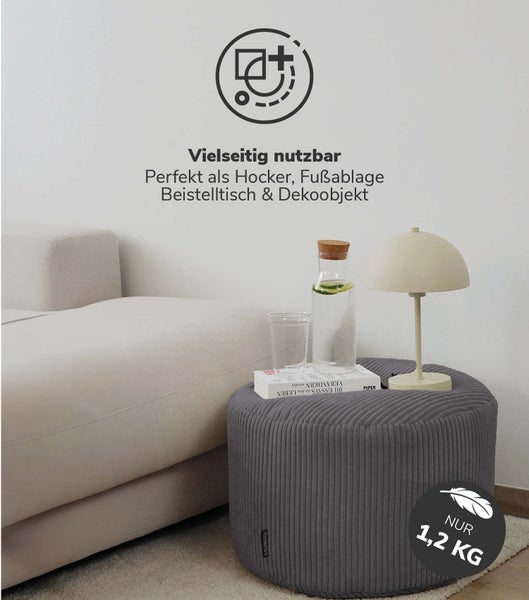 mokebo Sitzsack Cord mit Hocker 'Der Tagträumer', Bean Bag und Pouf mit EPS-Perlen Füllung in Anthrazit