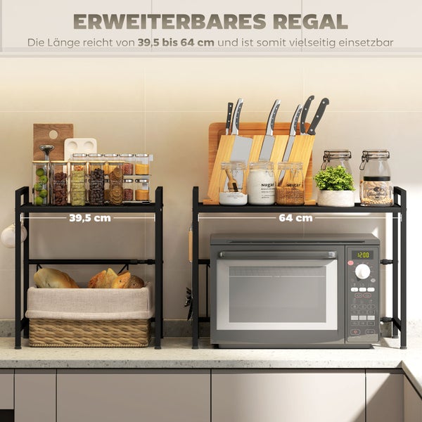 Ausziehbares Küchenregal aus schwarzem Metall, Breite verstellbar von 39,5 bis 64 Zentimeter, Organizer über der Mikrowelle.
