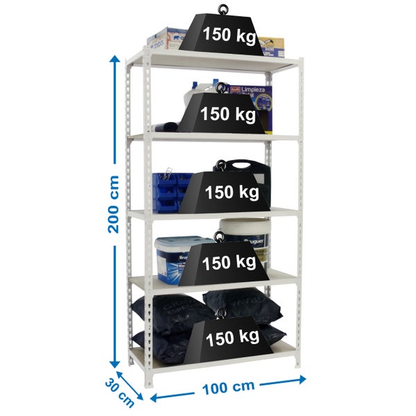PROREGAL Schwerlastregal Big Muli HxBxT 200 x 100 x 30 cm 5 Fachböden Fachlast 150 kg Weiß