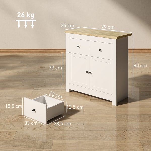 Sideboard in Weiß mit Holzplatte, zwei Schubladen und zwei Türen, Maße 79 mal 80 mal 35 Zentimeter, Traglast 26 Kilogramm.