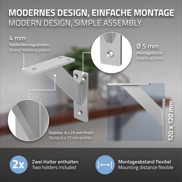 ML-Design 4 Stück Regalhalterung 120x120 mm, Silber, Aluminium, Schwebende Regalhalterungen, Regalwinkel, Wandhalterung für Regalbrett, Regalträger für Wandmontage, Wandregal Wandkonsole Regalstütze